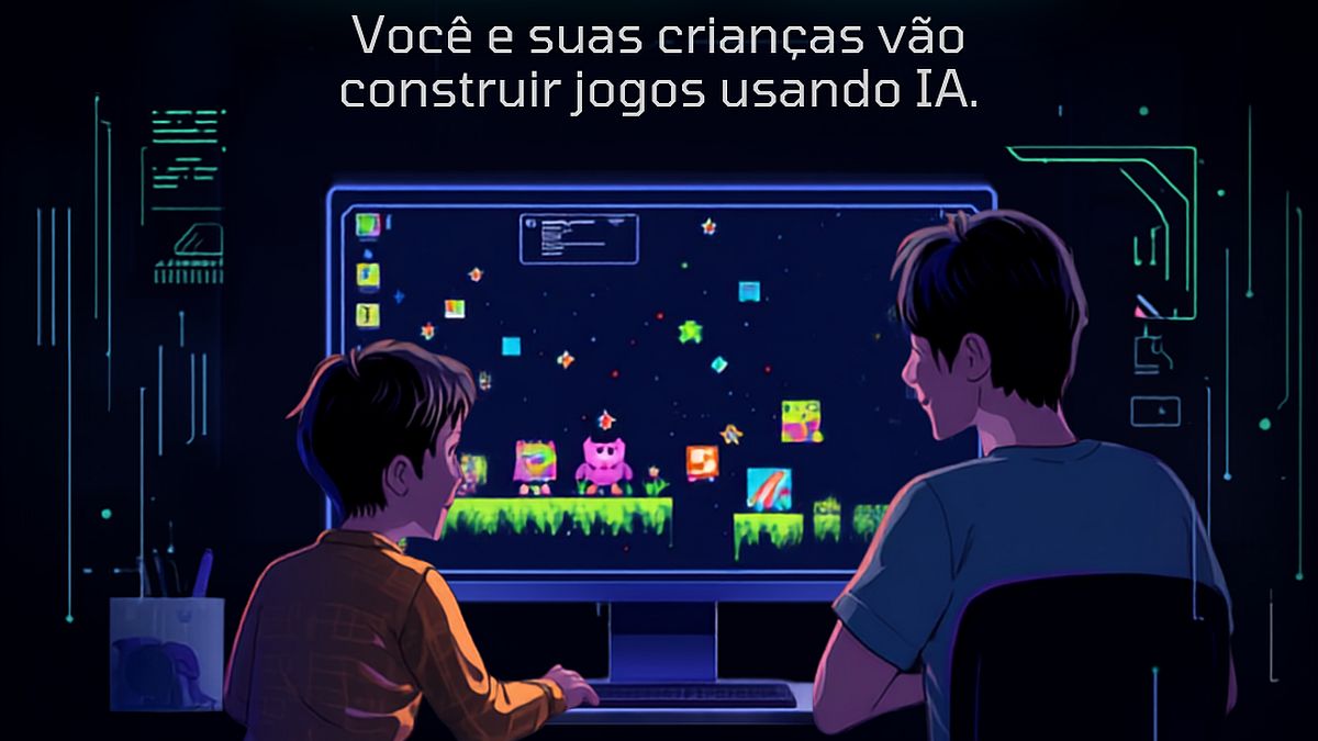 Adulto e criança explorando Inteligência Artificial juntos em um computador