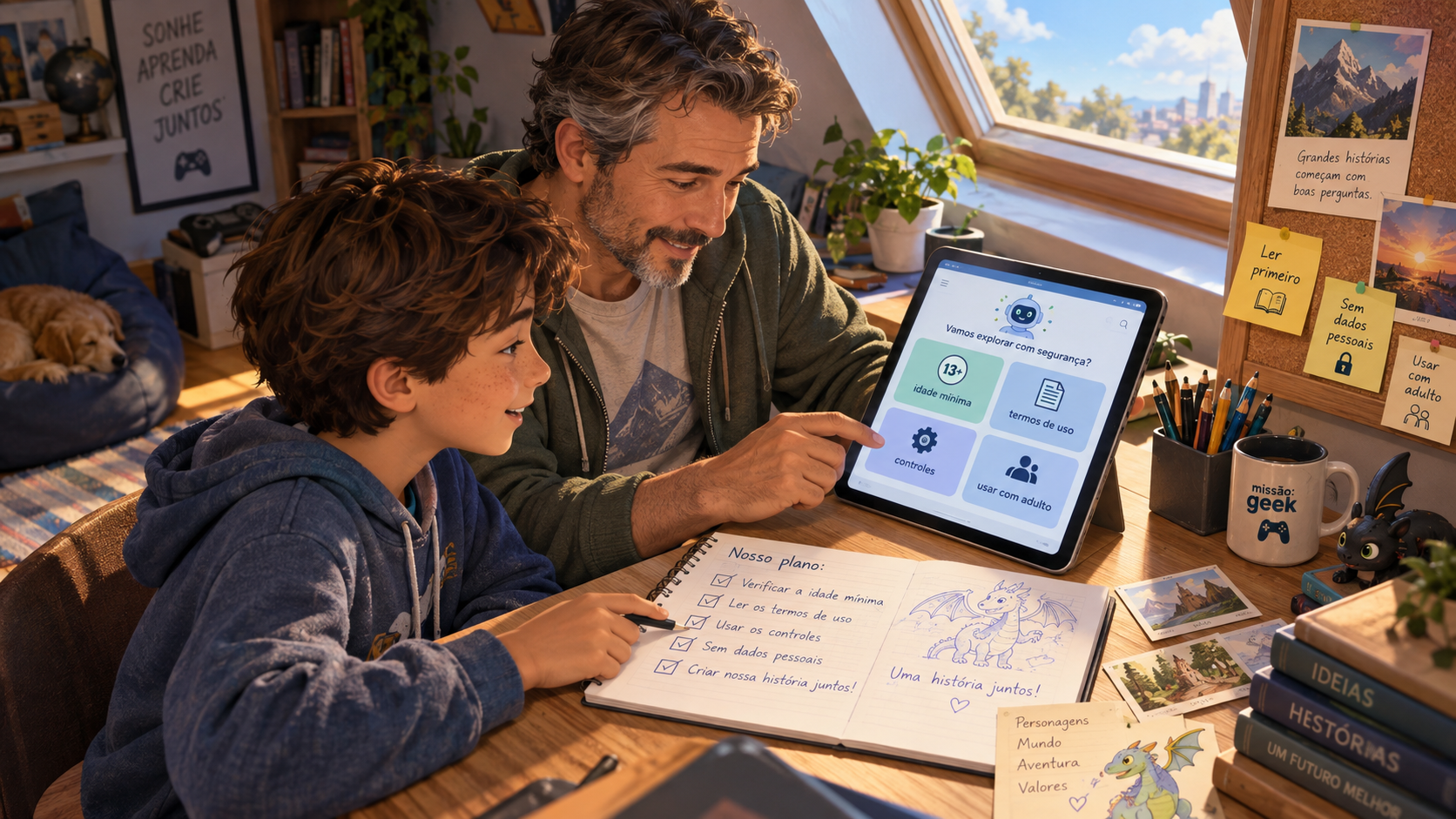 Pai e filho aprendendo juntos a usar Inteligência Artificial para criar